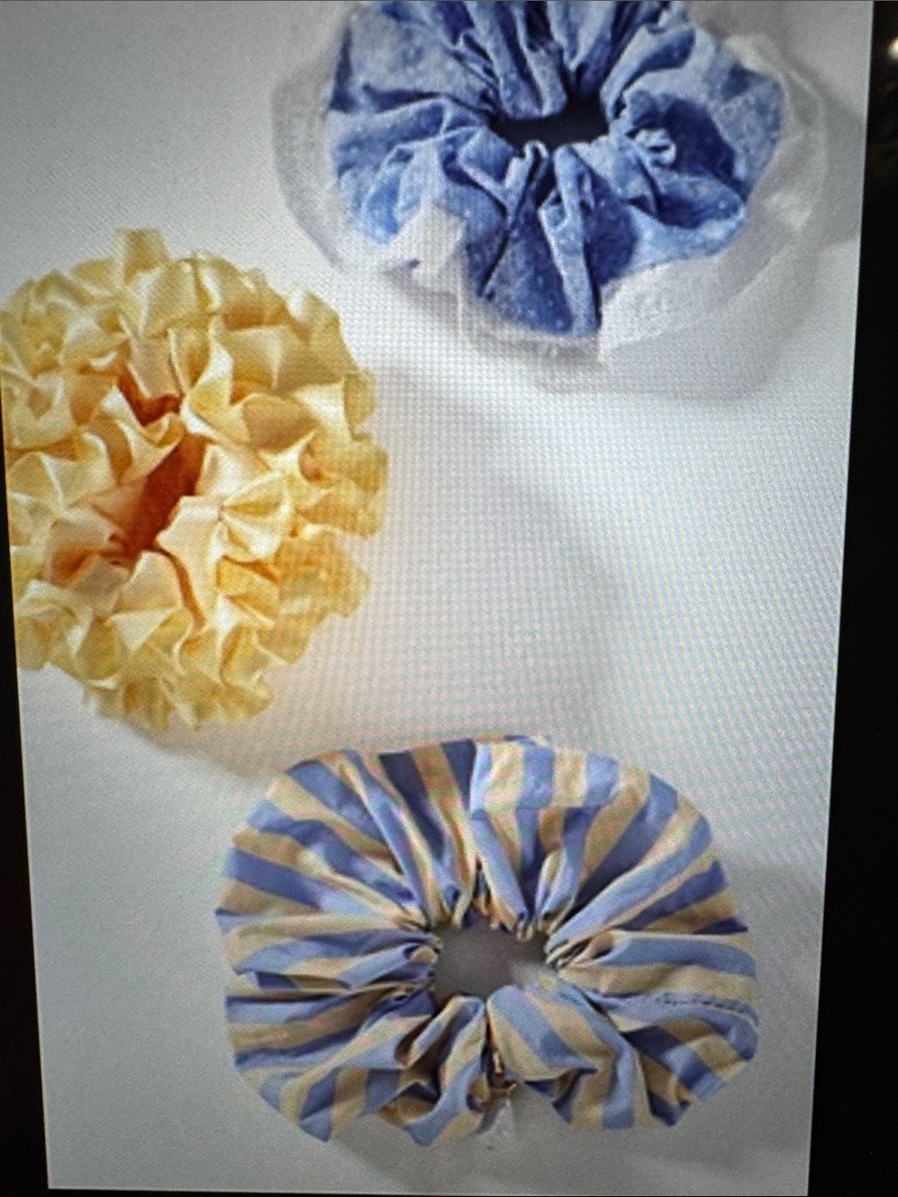 Anthropologie Yellow, Blue and Blue-Striped Ruffled Scrunchie Trio